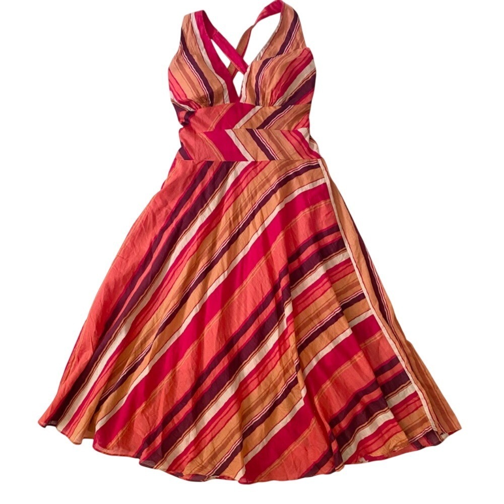 Alyn Paige Fit & Flare Dress Striped Halter Cross Back, Womens‎ M Red Orange